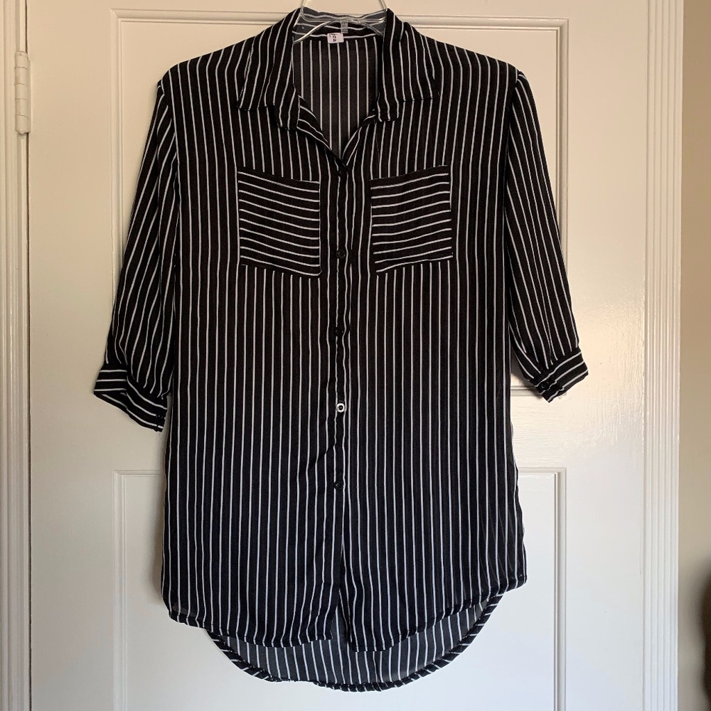 Black and White Striped Chiffon Button Down Shirt